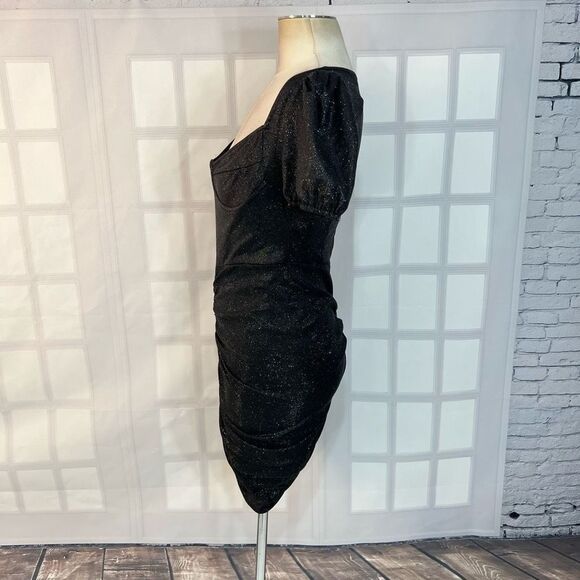 Prettylittlething Black NWT Glitter Ruched Puff Sleeve Cup Detail Bodycon Dress - Picture 9 of 13